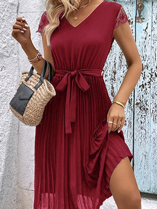 Elegant Lace-Embellished Pleated Dress for Stylish Women