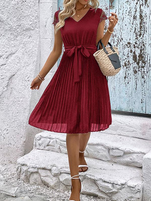 Elegant Lace-Embellished Pleated Dress for Stylish Women