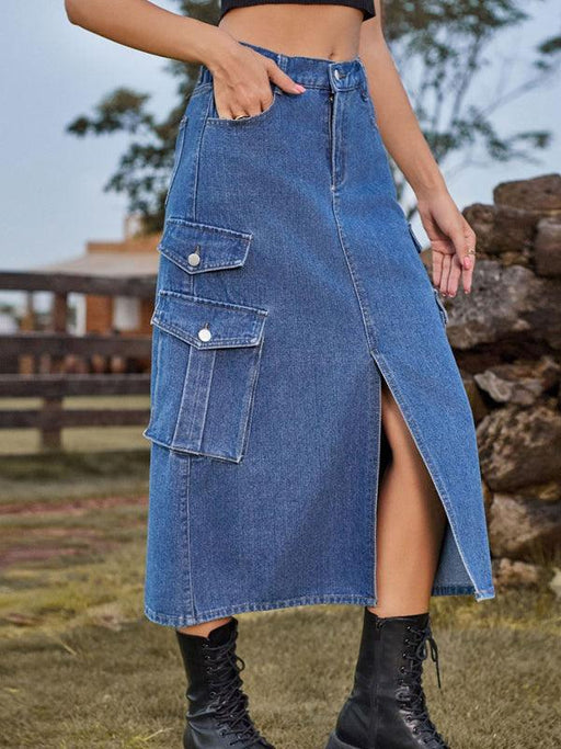 Elastic Waist Denim Cargo Midi Skirt with Flap Pocket