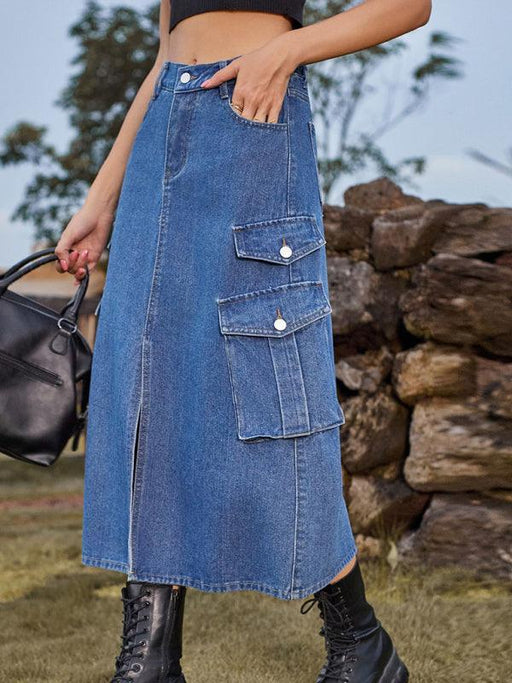 Casual Cargo Midi Denim Skirt with Elastic Waist and Flap Pocket