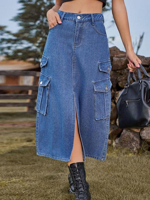 Casual Cargo Midi Denim Skirt with Elastic Waist and Flap Pocket