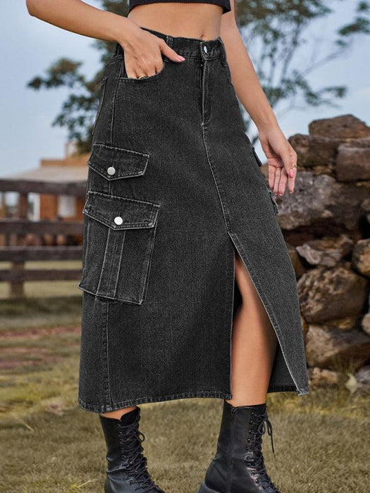 Casual Cargo Midi Denim Skirt with Elastic Waist and Flap Pocket