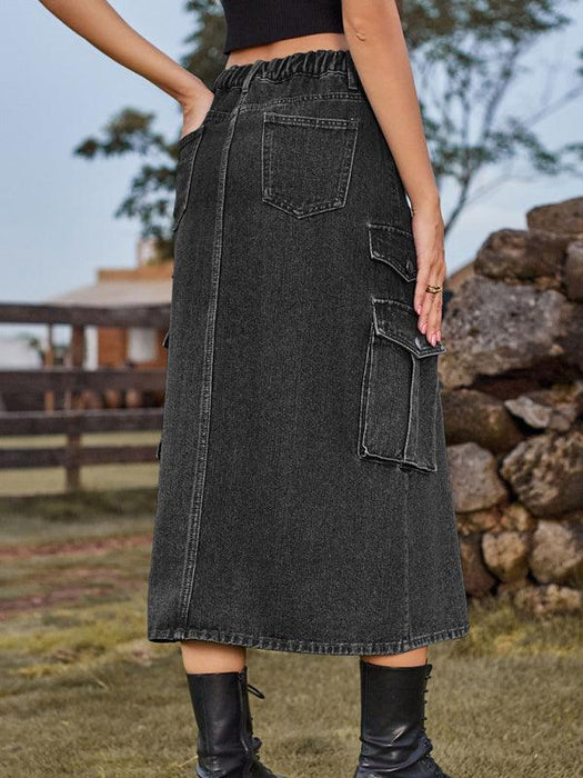 Casual Cargo Midi Denim Skirt with Elastic Waist and Flap Pocket