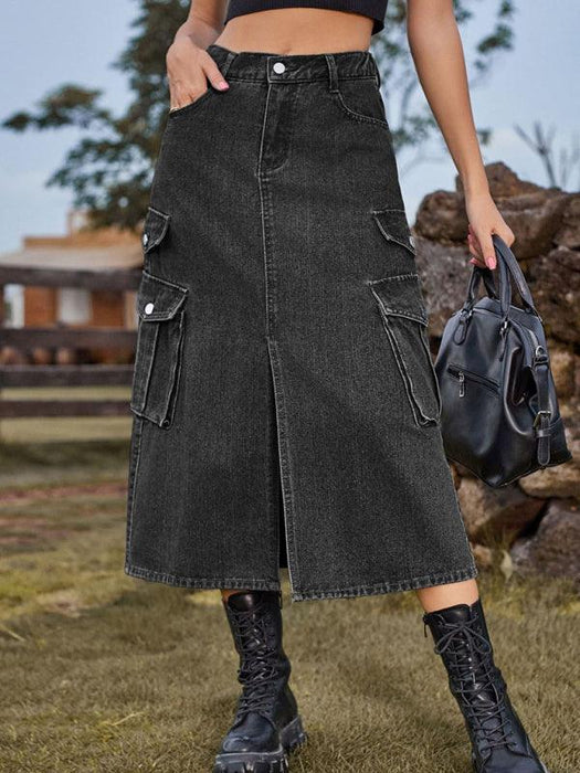 Casual Cargo Midi Denim Skirt with Elastic Waist and Flap Pocket