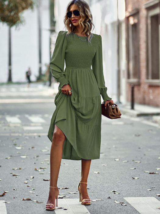 Elastic waist mid-length dress for casual vacation