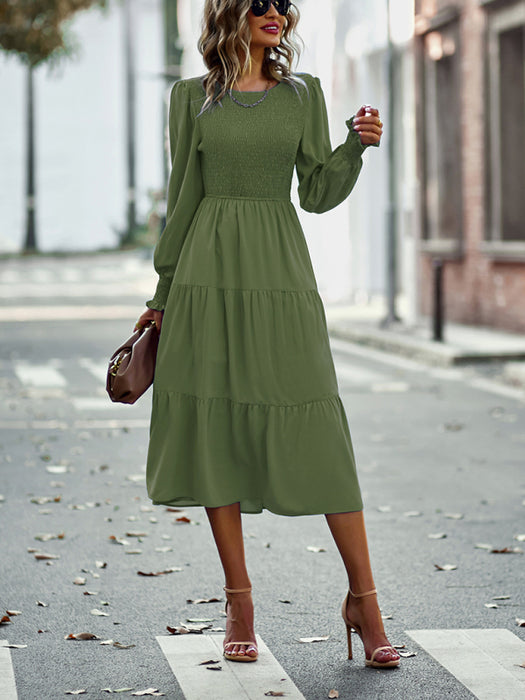 Elastic waist mid-length dress for casual vacation