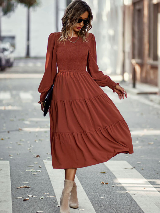 Elastic waist mid-length dress for casual vacation