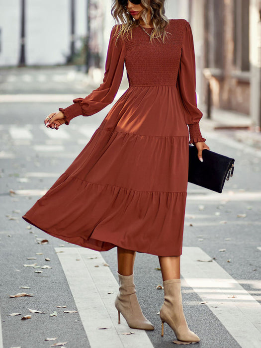 Elastic waist mid-length dress for casual vacation