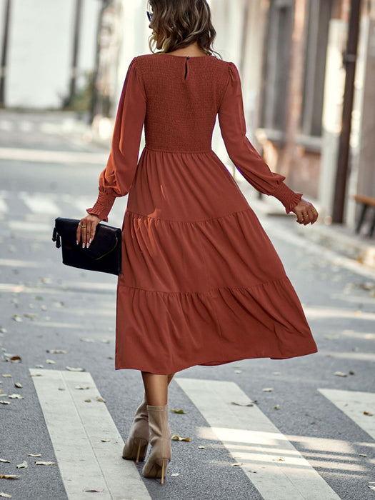 Elastic waist mid-length dress for casual vacation