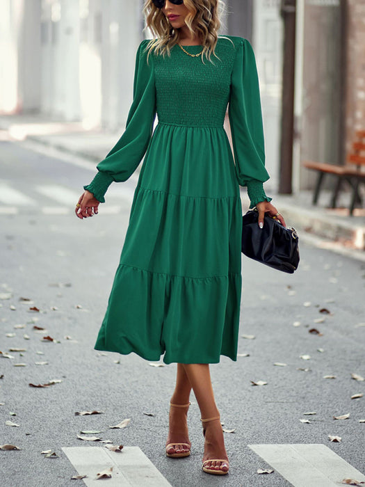 Elastic waist mid-length dress for casual vacation