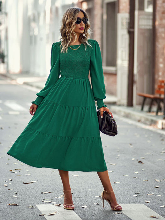 Elastic waist mid-length dress for casual vacation