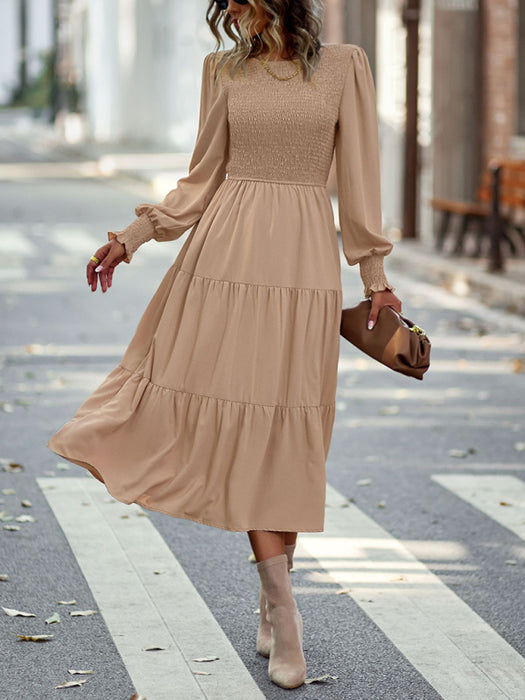 Elastic waist mid-length dress for casual vacation