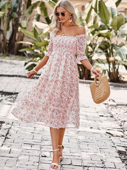 Puff Sleeve Narrow Waist Large Skirt Floral Print Dress