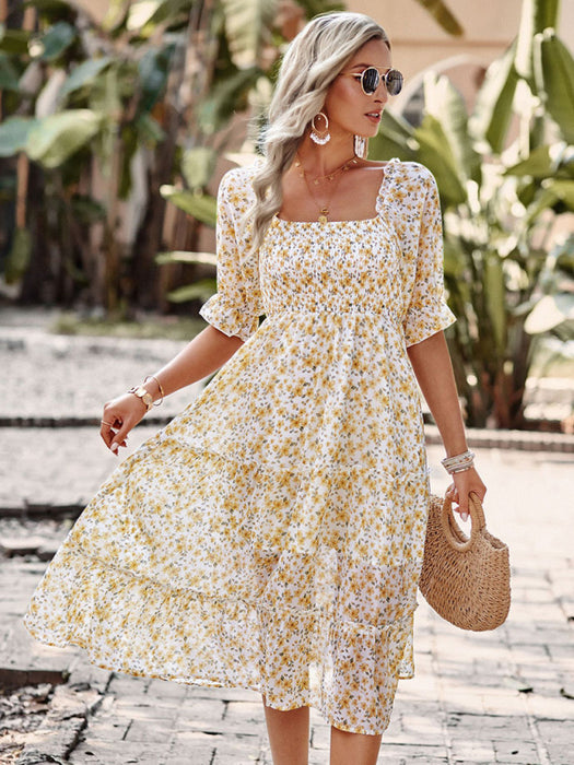 Puff Sleeve Narrow Waist Large Skirt Floral Print Dress