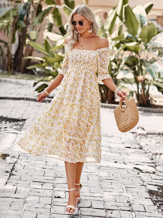 Puff Sleeve Narrow Waist Large Skirt Floral Print Dress