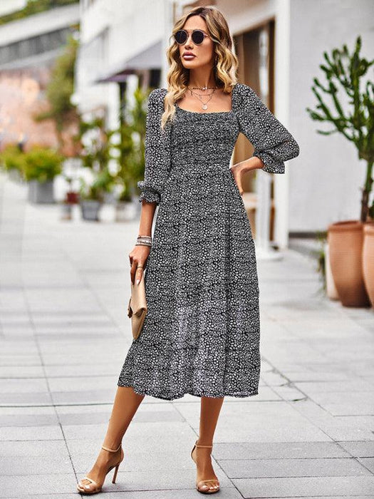 Bohemian Elegance Square Neck Maxi Dress with 3/4 Sleeves