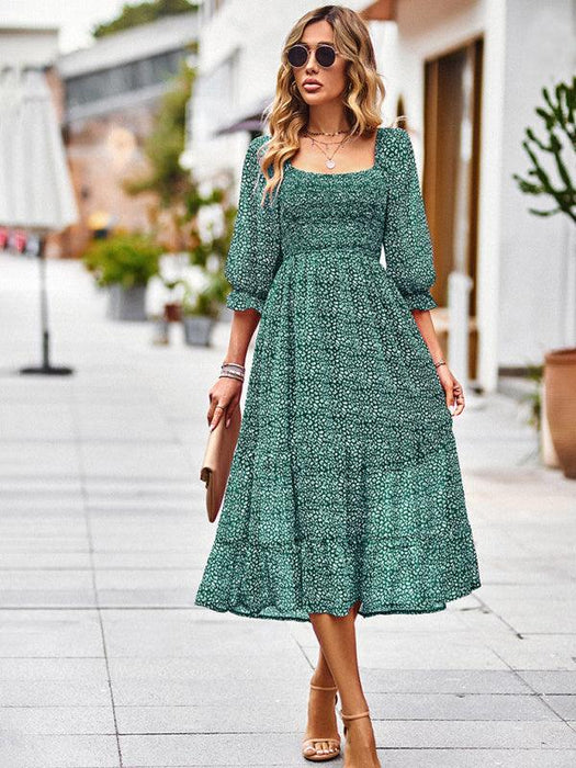 Bohemian Elegance Square Neck Maxi Dress with 3/4 Sleeves