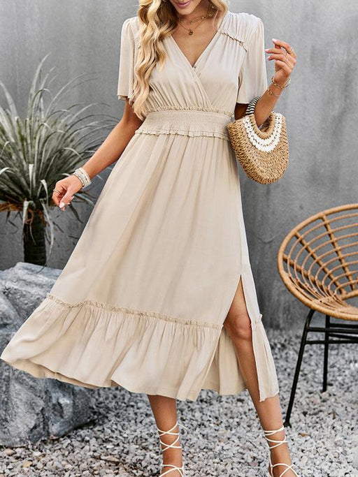 Elegant V-Neck Maxi Dress with Stylish Waist Slit in Premium Fabric Blend