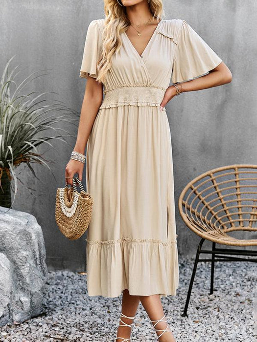 Elegant V-Neck Maxi Dress with Stylish Waist Slit in Premium Fabric Blend