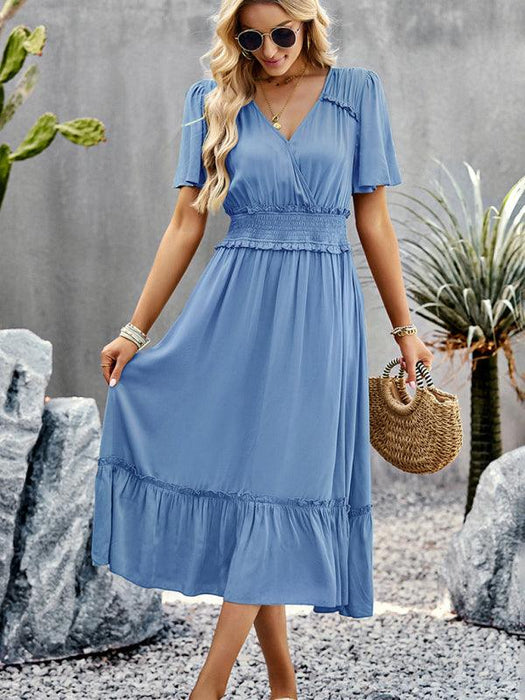 Elegant V-Neck Maxi Dress with Stylish Waist Slit in Premium Fabric Blend