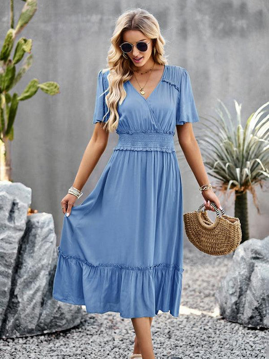 Elegant V-Neck Maxi Dress with Stylish Waist Slit in Premium Fabric Blend