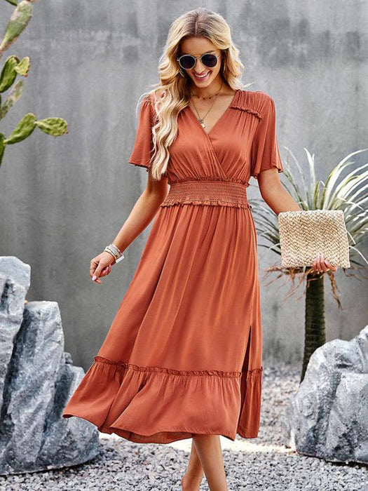 Elegant V-Neck Maxi Dress with Stylish Waist Slit in Premium Fabric Blend