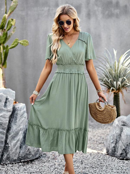 Elegant V-Neck Maxi Dress with Stylish Waist Slit in Premium Fabric Blend