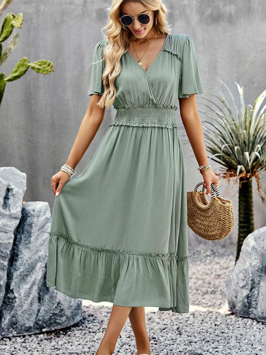 Elegant V-Neck Maxi Dress with Stylish Waist Slit in Premium Fabric Blend