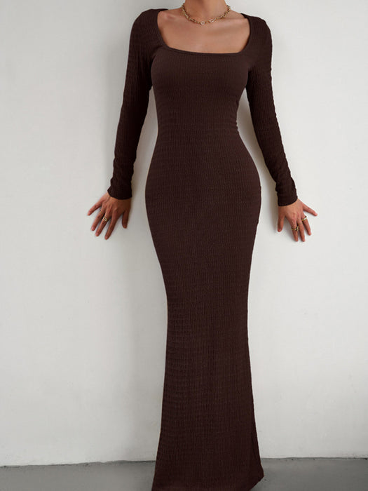 Square Neck Long Sleeve Knit Dress for Women