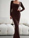 Square Neck Long Sleeve Knit Dress for Women