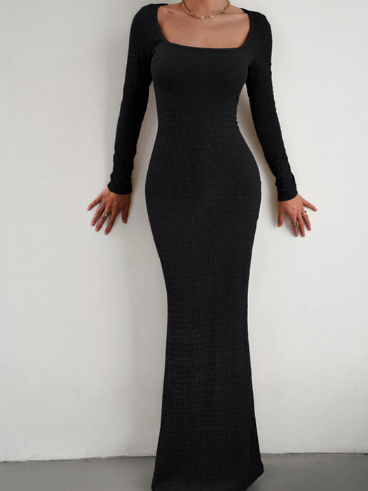 Square Neck Long Sleeve Knit Dress for Women