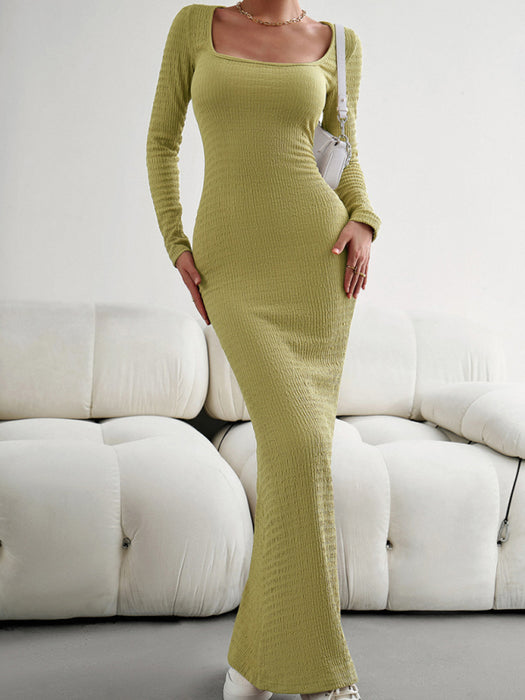 Square Neck Long Sleeve Knit Dress for Women