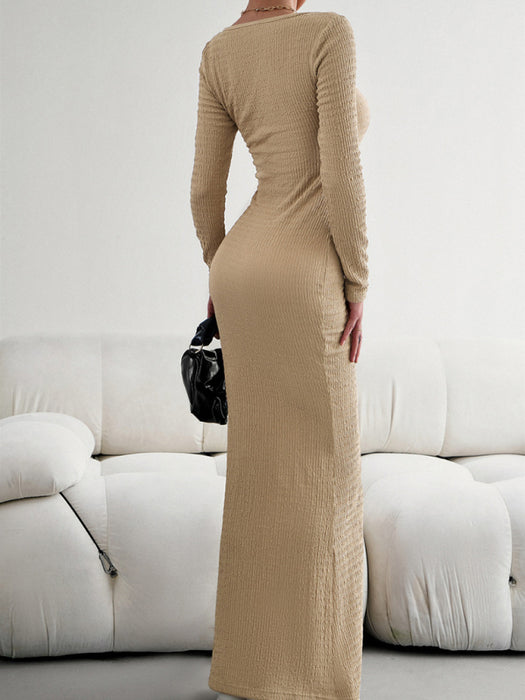 Square Neck Long Sleeve Knit Dress for Women