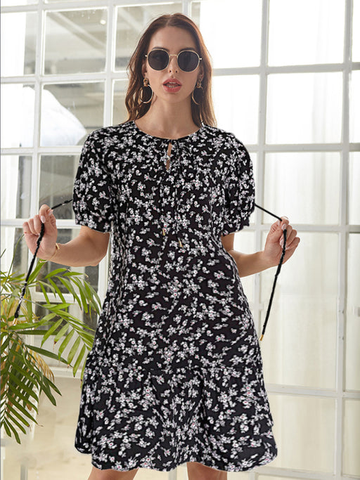 Spring Floral High Waist Dress with Puff Sleeves - Elegant Style for Every Season