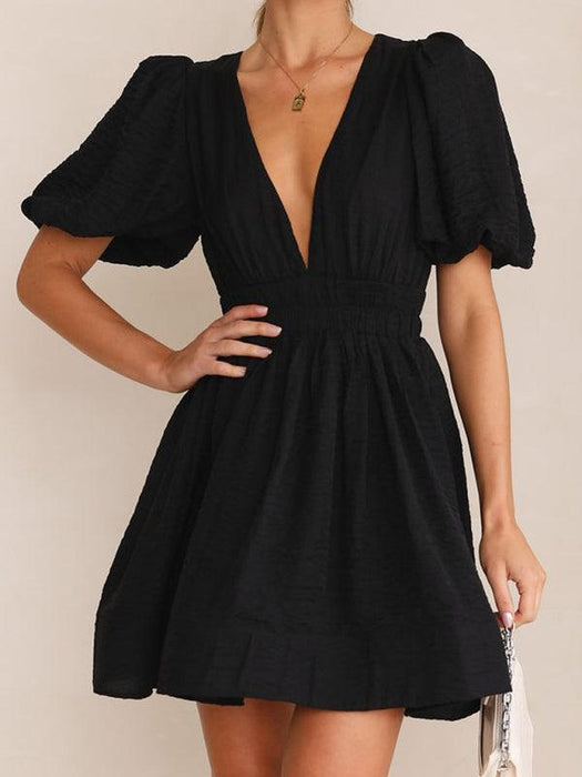 Elegant V-neck Lantern Sleeve Mini Dress