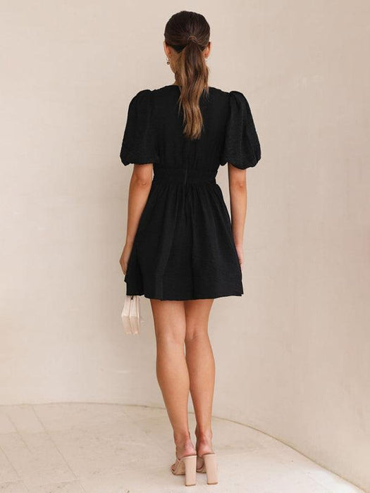 Elegant V-neck Lantern Sleeve Mini Dress