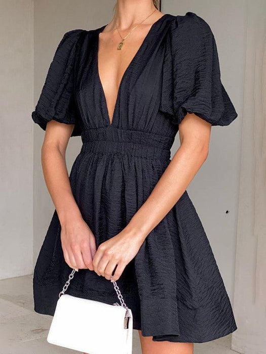 Elegant V-neck Lantern Sleeve Mini Dress