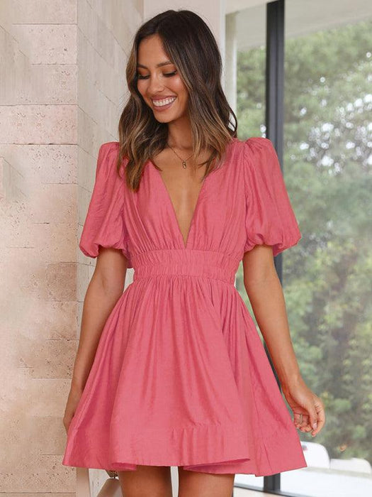 Elegant V-neck Lantern Sleeve Mini Dress