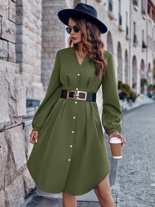 Elegant V-neck Cardigan Dress with Flattering Waist Detail