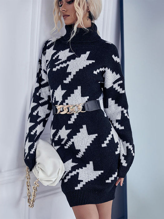 Elegant Houndstooth Turtleneck Sweater Dress for Women
