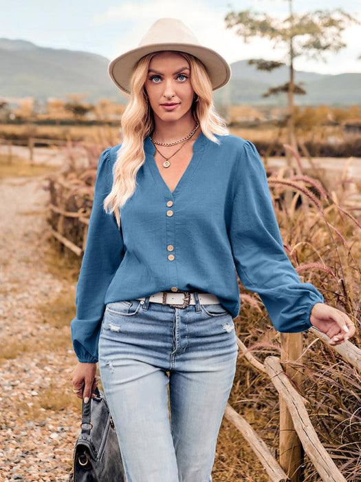 Chic V-Neck Long Sleeve Blouse with Button Accents - Women's Stylish Top