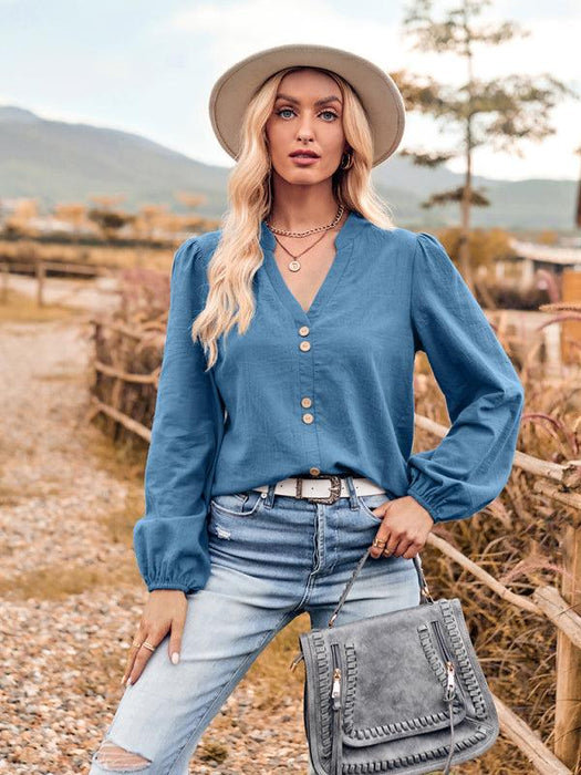 Chic V-Neck Long Sleeve Blouse with Button Accents - Women's Stylish Top