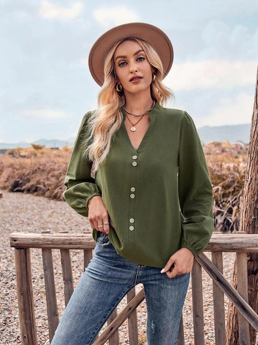 Chic V-Neck Long Sleeve Blouse with Button Accents - Women's Stylish Top