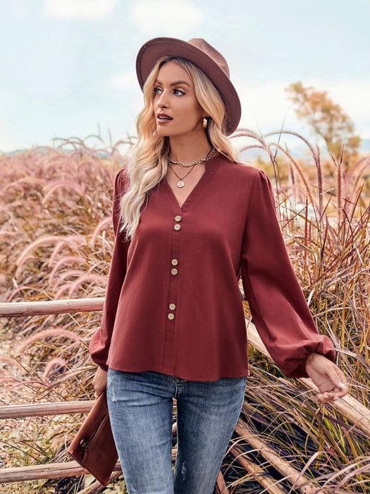 Chic V-Neck Long Sleeve Blouse with Button Accents - Women's Stylish Top