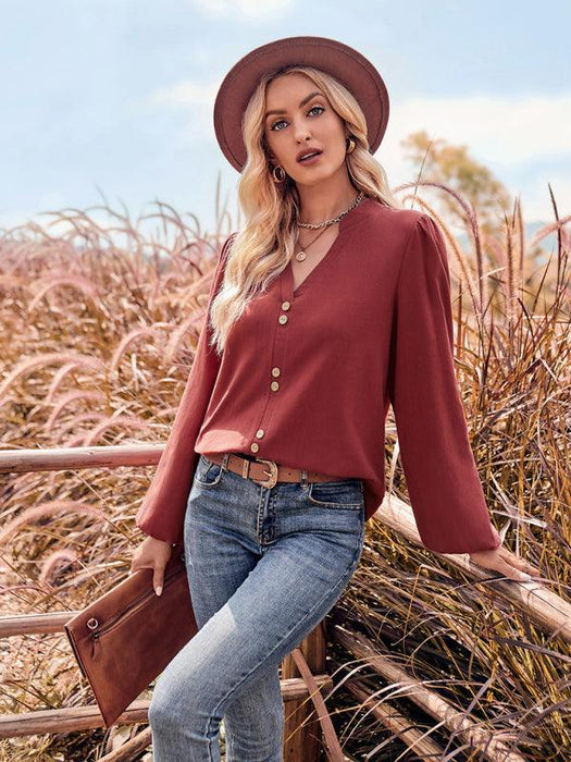 Chic V-Neck Long Sleeve Blouse with Button Accents - Women's Stylish Top