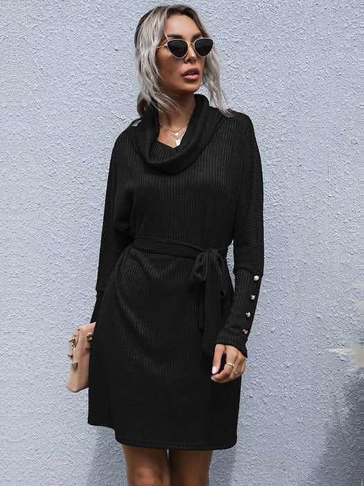 Chic Pile Collar Solid Color Knit Sweater Dress with Long Sleeves