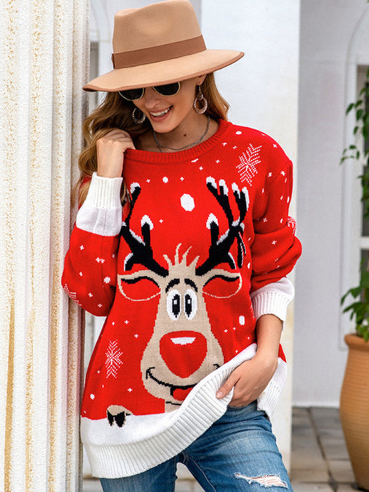 Women Reindeer Pattern Knit Holiday Sweater