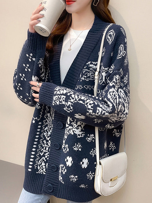 Women Casual Knit Patterned Button Cardigan