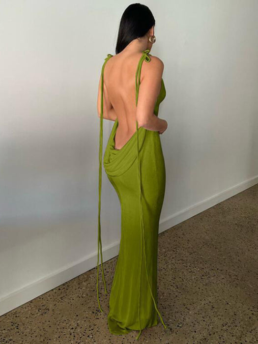 Sultry Backless Strappy Halter Neck Dress with Long Skirt