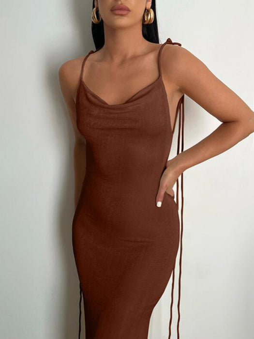 Sultry Backless Strappy Halter Neck Dress with Long Skirt